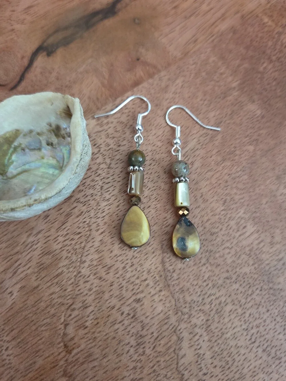 Bohemian Handmade Brown Green Teardrop Dangle Earrings Fairy Whimsical Artsy
